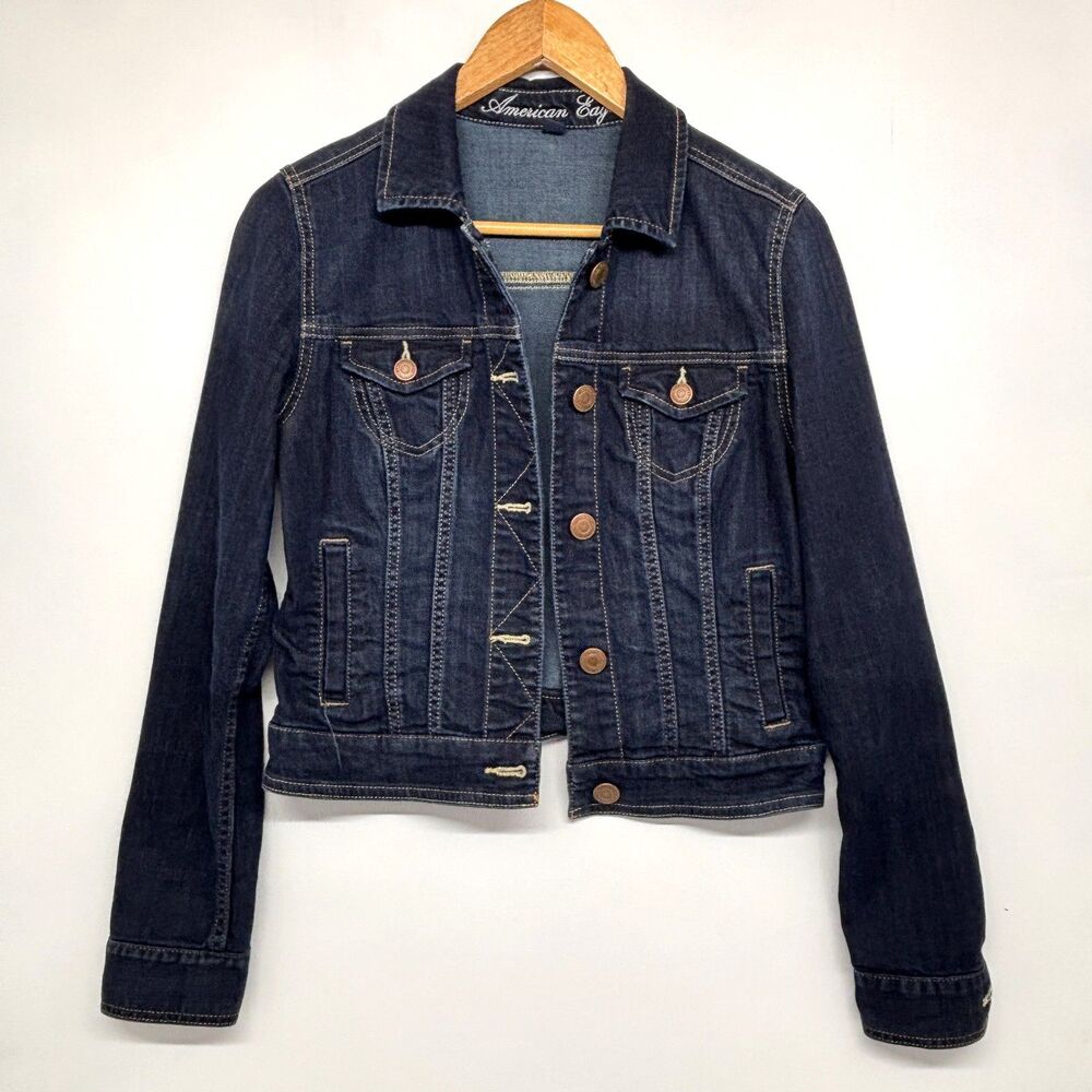 American Eagle Denim Jacket Dark Blue Trucker Distressed Waist Length Womens Med